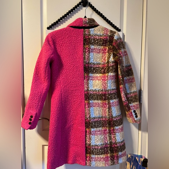 Anthropologie NVLT Plaid Houndstooth Fuchsia Pink Pea Coat Jacket XS 0 2 💖 - Picture 5 of 13